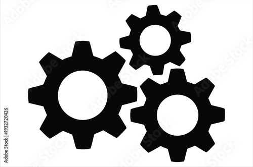 interlocked gears in bold black silhouette representing mechanical connection, teamwork, and industrial process concept