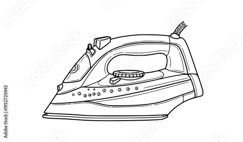 Black and White Steam Iron Outline Technical Line Art Vector Isolated on White