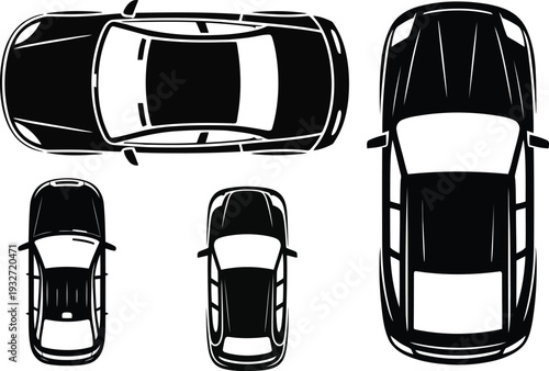 Top view black car silhouette with detailed windows and smooth aerodynamic shape for vehicle design, transport apps, and branding