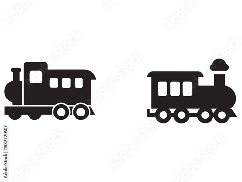 Black train locomotives icons with wheels and smokestack on white background  train icons