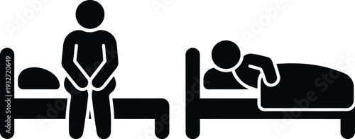 A person sitting on a bed next to a person lying down on another bed.