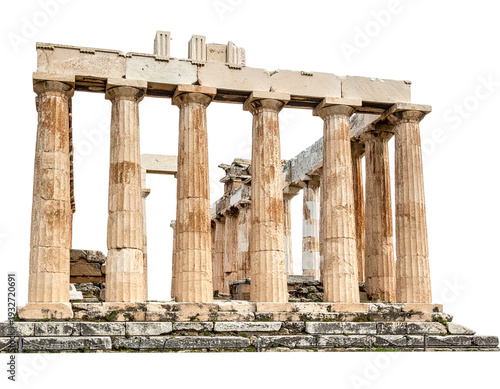 Ancient greek temple ruins with weathered doric columns and stone platform
