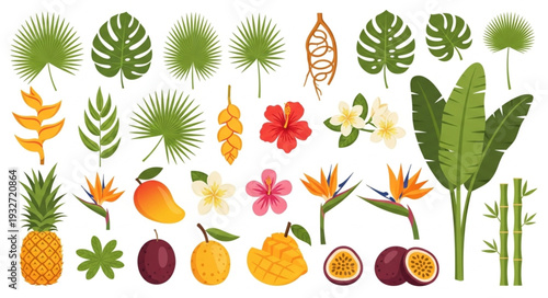 Tropical flora and fauna collection featuring vibrant fruits and lush foliage.