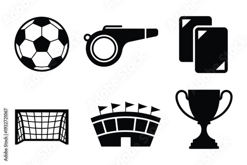 Black Icons Set with Soccer Ball, Whistle, Referee Card, Goal Net, Stadium, and Trophy, Editable Flat Vector Graphics for Soccer