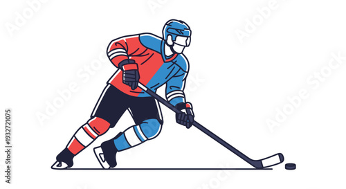 Illustrated hockey player in red and blue jersey skates with stick and puck.