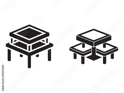 Blackandwhite illustration of two sets of tables and shelves  furniture for home and office  modern design  simple shapes