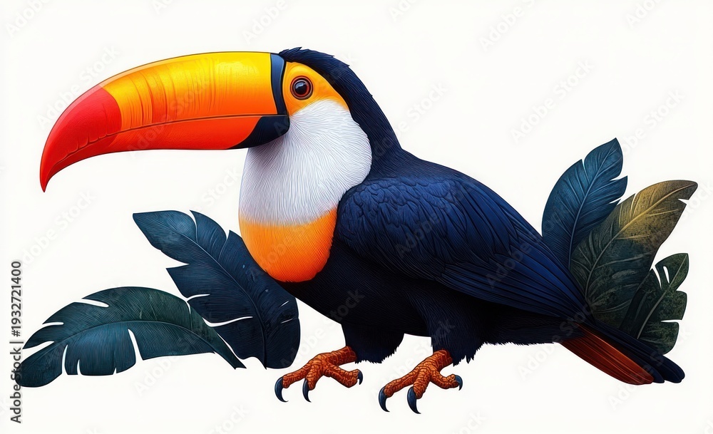 Naklejka premium bright tropical toucan with large orange beak perched beside green leaves, vivid black and white plumage with orange chest, alert and curious expression