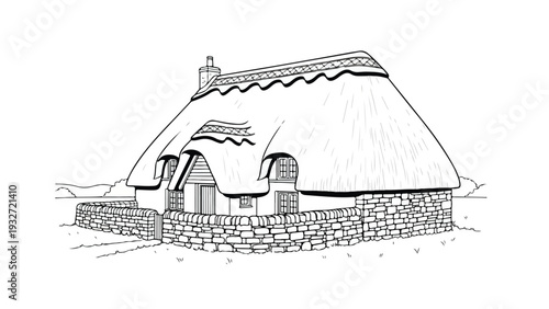 A black and white illustration of a traditional stone house with a thatched roof and chimney against a plain background.
