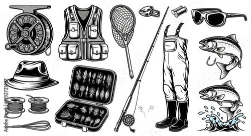 Fishing gear collection illustration, showcasing essential equipment for anglers and enthusiasts.