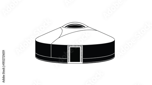 Line drawing of a traditional Mongolian yurt with a door and smoke hole on a white background.