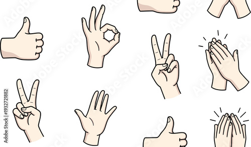 A repeating pattern of diverse cartoon human hand gestures including thumbsup peace sign ok symbol and clapping hands
