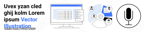 Data analysis, teamwork, tech innovation, remote work, communication tools, sound recording. A computer screen with a dashboard, collaboration diagram microphone icon. Data analysis and teamwork