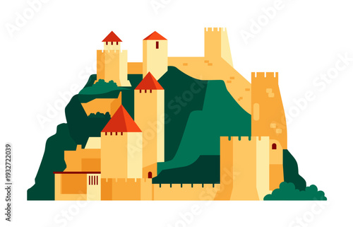 Golubats fortress - colorful flat design style illustration