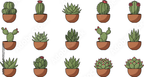 Cactus and Succulent Plant Icons Set Vector Illustration. Collection of Potted Desert Plants in Flat Style.