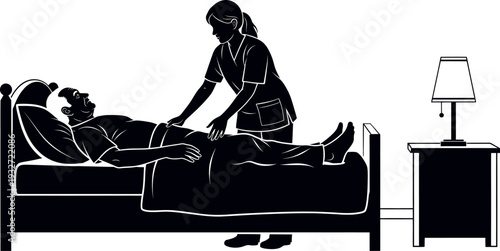 Nurse Caring for Senior Patient in Bed Silhouette | Elderly Home Care and Geriatric Nursing Assistance | Medical Caretaker Graphic