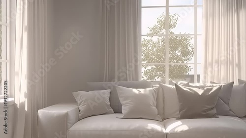 A serene walkthrough of a minimalist living room interior with soft natural light