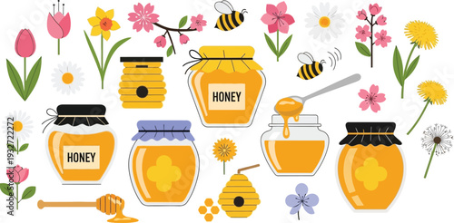 Honey jars, bees, beehives, and spring flowers flat design vector illustration set for natural food and apiary concepts.