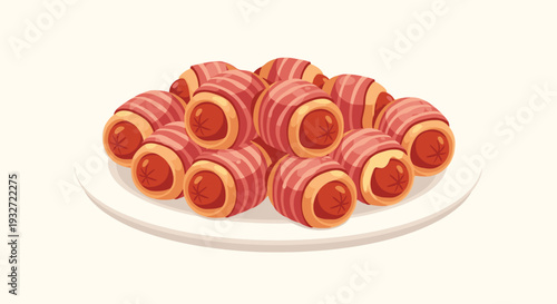 Pile of bacon-wrapped sausages on a white plate on beige background.