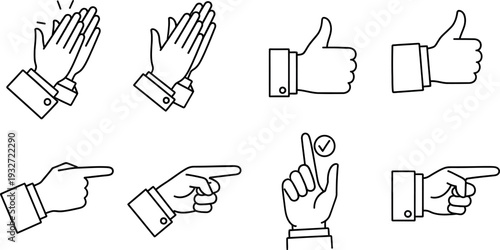 Comprehensive collection of minimalist hand gesture line icons illustrating clapping thumbsup pointing and approval for various communication concepts