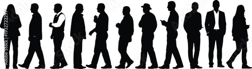 Diverse crowd of men and women walking in side profile, casual to business outfits, black silhouette group vector illustration, urban street pedestrians