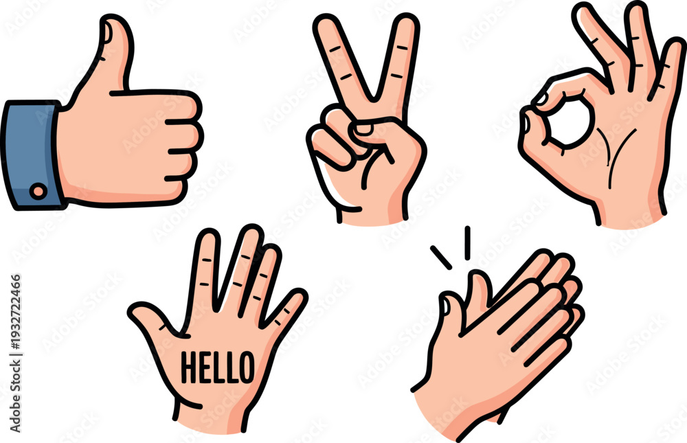 Fototapeta premium Diverse collection of popular hand gestures including thumbs up peace OK and waving with hello message on palm