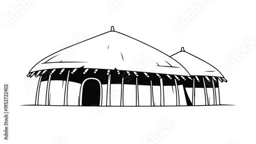 Line drawing of a traditional yurt with a conical roof and pillars on a white background