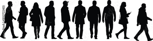 Diverse crowd of people walking in side profile, men and women in coats jackets casual formal, black silhouette group vector illustration, urban motion
