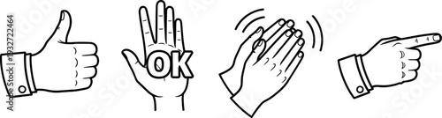 Diverse human hand gesture line art icons demonstrating approval agreement applause and directional indication for various communication needs
