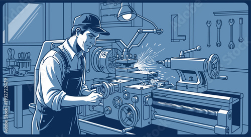 A stylized, monochromatic blue illustration of a machinist operating a metal lathe, with sparks flying from the working area in a workshop setting, suggesting precision and craftsmanship.