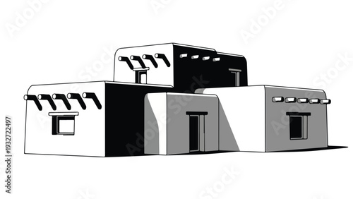 A grayscale illustration of a modern building with multiple connected structures and awnings against a white background.