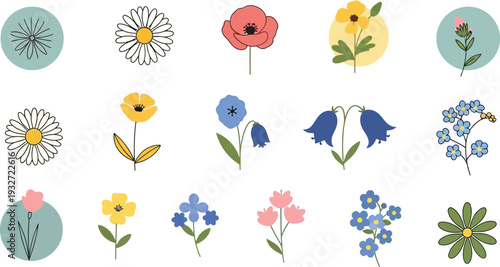 Simple flat design flower icons set. Cute hand-drawn spring and summer floral elements vector illustration.