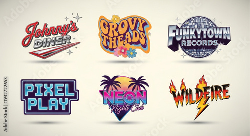Collection of vibrant retro logos showcasing various themes and styles for design inspiration.