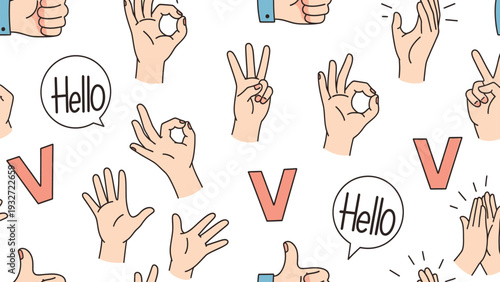 Fun seamless pattern featuring various diverse hand gestures and friendly communication speech bubbles for cheerful designs