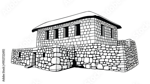A black and white illustration of a stone building with a flat roof and a short wall, set against a clean white background with a simple and architectural style.