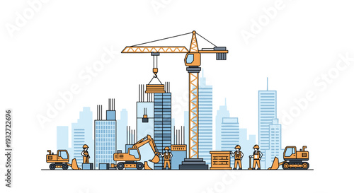 Construction workers and machinery active on site with crane lifting materials.