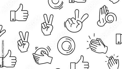 Seamless pattern of diverse hand gesture line icons communicating approval success peace and interaction in a modern minimalist style design