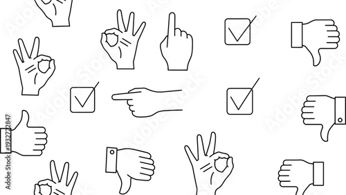 Seamless pattern of diverse outline hand gestures and feedback icons creating a modern communication graphic design