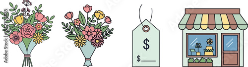 Flower Shop Business Icons Set Vector Illustration. Florist store, bouquets, and price tag elements for design projects.