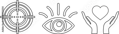 Set of line icons with target eye and hands holding heart representing vision goal and care