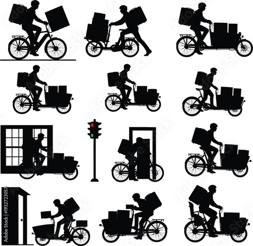 Delivery Cyclist with Packages - Express Courier Service Vector Silhouettes