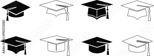 Graduation cap and diploma illustrations in various perspectives