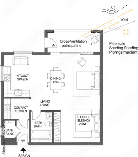 Architectural floor plan for an energy-efficient 800 sq ft apartment, highlighting passive solar design and cross-ventilation.