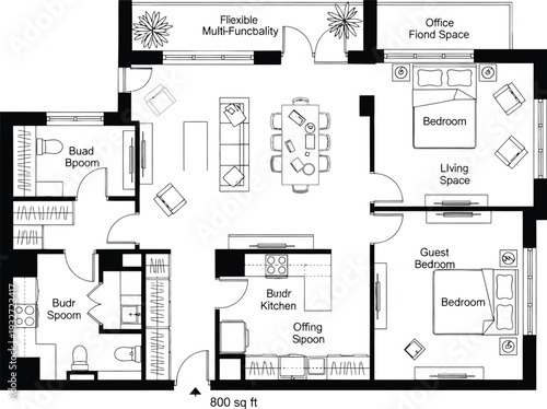 Floor plan for an 800 sq ft, 2-bedroom apartment with separate living, dining, and office spaces.