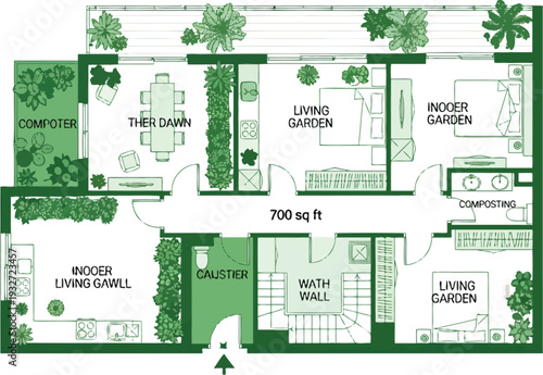Spacious 700 sq ft floor plan with indoor gardens, living areas, and composting, ideal for modern living.