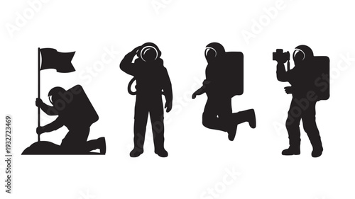 Astronaut Silhouettes in Various Poses with Space Equipment in Dark Monochromatic Style for Editorial Use