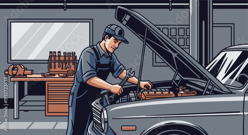 Cartoon illustration of a mechanic working on a car engine with the hood open inside a garage, showing tools and a workbench; great for automotive or repair service themes.
