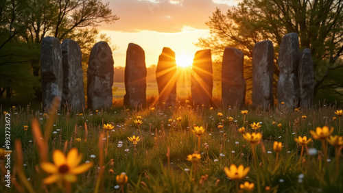 Ancient standing stones circle at golden sunset, sunrays bursting between megaliths, mystical landscape, concept of solstice, tourism, history