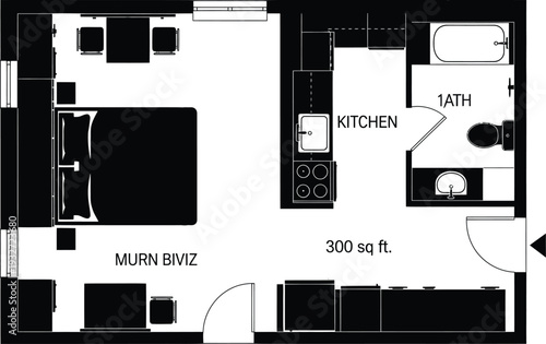 Compact 300 sq ft studio apartment floor plan with Murphy bed, kitchenette, and bathroom, perfect for small space living.