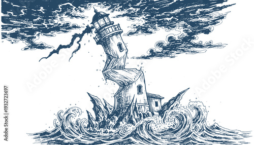 Twisted lighthouse in storm illustration vector art