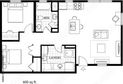 Two-bedroom apartment floor plan with laundry, kitchen, living area, and two bathrooms, shown as a clean black and white architectural drawing with area calculation.